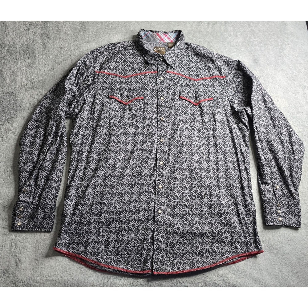 Roper Western Shirt Mens 2XL Black Grey Floral Abstract Flip Cuff Pearls Snap